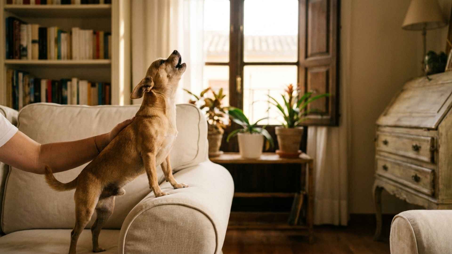 perro aullando en el sofa